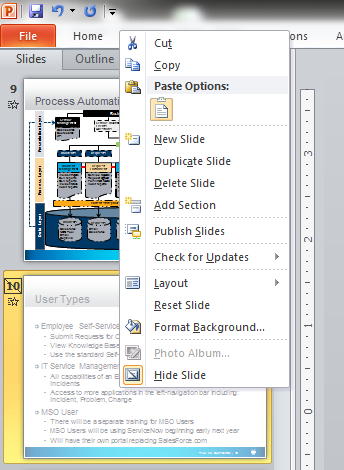 [Image of the right-click menu in PowerPoint, with a very subtle indicator that a slide is hidden